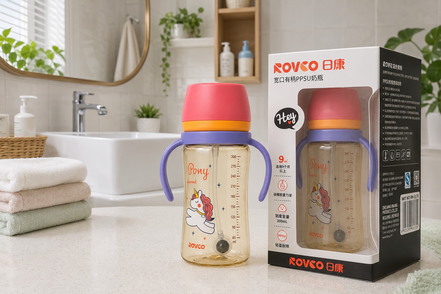 ROVCO Wide-Mouth PPSU Feeding Bottle 300ml RK-3170 with Weighted Straw – 9+ Months